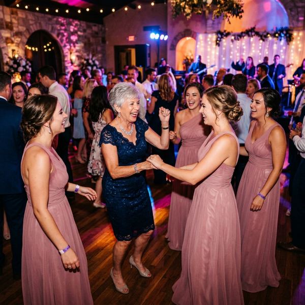 Abuela bailando alegremente con jóvenes en la pista de baile