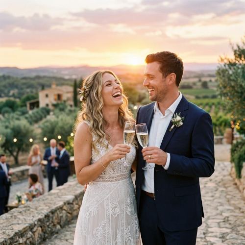 Novios sonriendo y brindando relajados al atardecer durante el cóctel de su boda